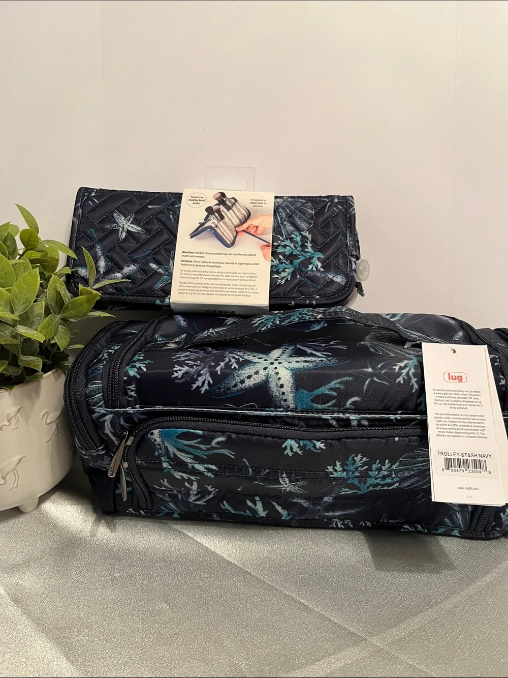 LUG - Trolley Cosmetic Case & Sleeper Brush Holder Combo- Stars and Shells Navy